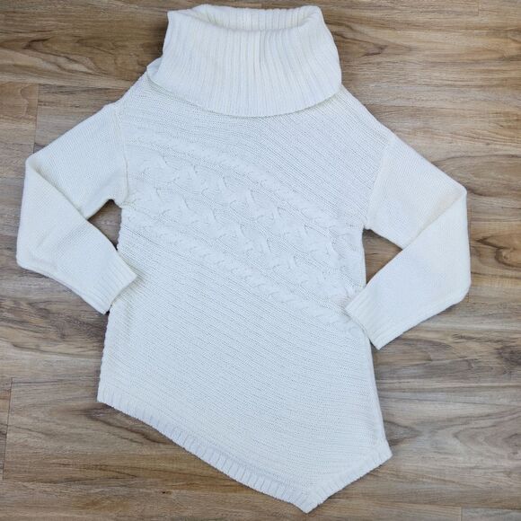 💜GNW Indigo Cream Cable Knit Asymmetric Hem Tunic Sweater Medium - Picture 1 of 10